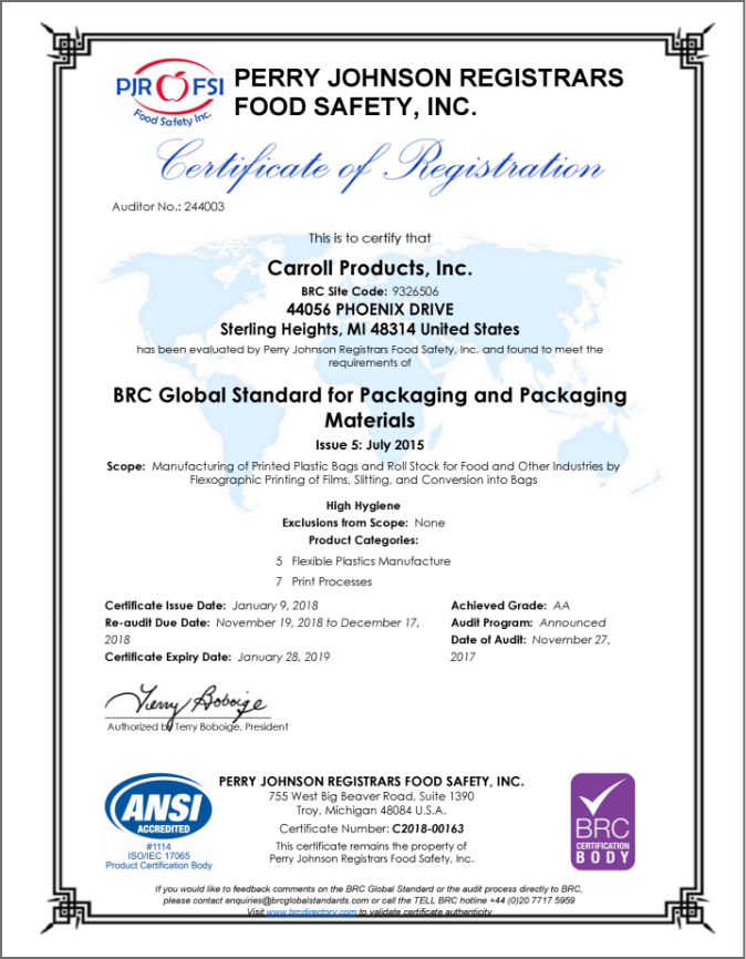 Carroll Products Brc Certification Flexible Food Packaging Plastic Bag